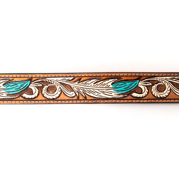 ADBLF107 Hand-Tooled Feather Western Leather Belt White & Turquoise with Engraved Buckle