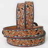 LC-ADBLF108 Hand-Tooled Floral Western Leather Belt with Blue Mosaic Border & Engraved Buckle