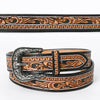 ADBLF109 Tooled Western Leather Belt - Black & Tan with Scrollwork and Silver Buckle