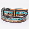 LC-ADBLF153 Hand-Tooled Leather Belt - Turquoise Mosaic & Scroll Carving Design