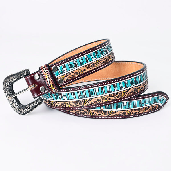 LC-ADBLF153 Hand-Tooled Leather Belt - Turquoise Mosaic & Scroll Carving Design