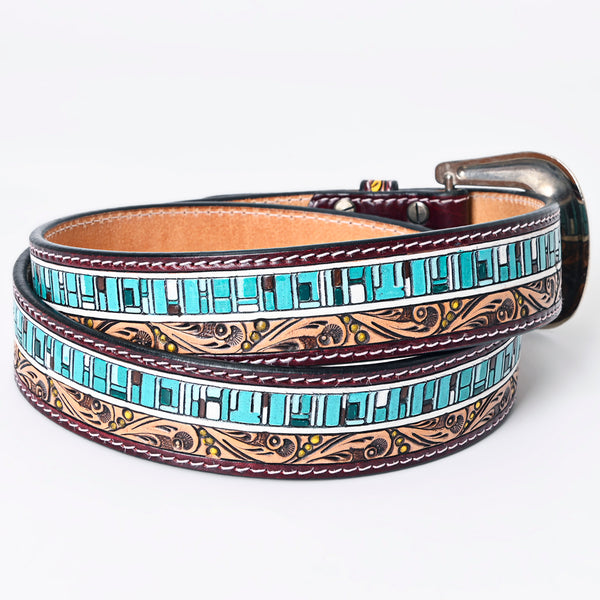 LC-ADBLF153 Hand-Tooled Leather Belt - Turquoise Mosaic & Scroll Carving Design