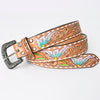 LC-ADBLF159 Tooled Leather Western Belt - Pastel Blue & Pink Floral Design