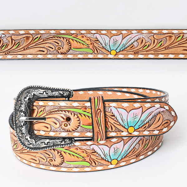 LC-ADBLF159 Tooled Leather Western Belt - Pastel Blue & Pink Floral Design