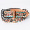 LC-ADBLF161 Tooled Leather Belt - White Daisy Floral with Teal Diamond Accents