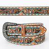 LC-ADBLF161 Tooled Leather Belt - White Daisy Floral with Teal Diamond Accents