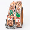 LC-ADBLF162 Tooled Leather Western Belt - Ace of Hearts & Green Leaf Design