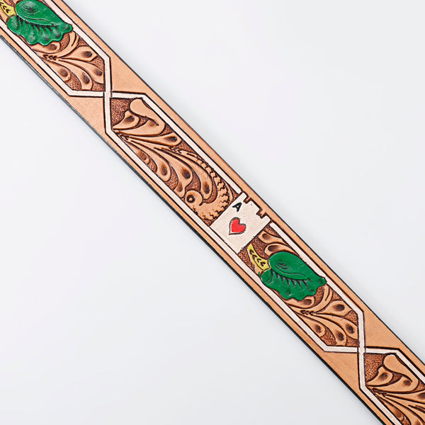 LC-ADBLF162 Tooled Leather Western Belt - Ace of Hearts & Green Leaf Design