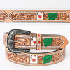 LC-ADBLF162 Tooled Leather Western Belt - Ace of Hearts & Green Leaf Design