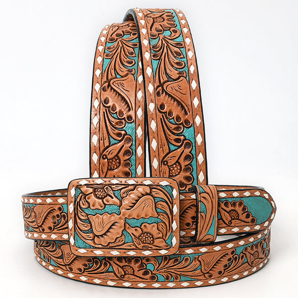 ADBLF174 Western Handtooled Leather Belt - Turquoise Floral Carving with Matching Buckle
