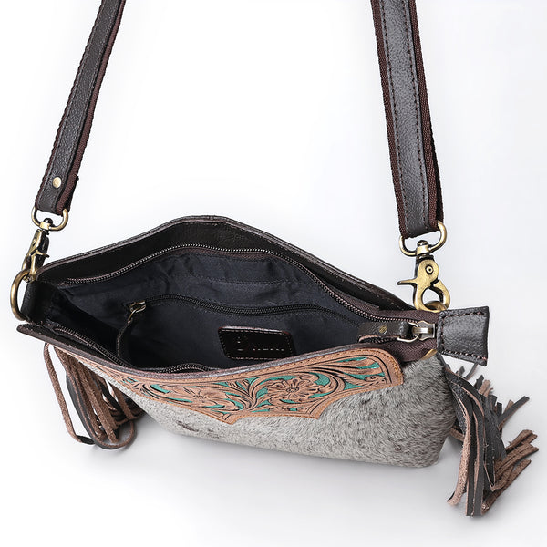 SKBA116 Large Crossbody Hand Tooled Saddle Leather and Upcycled Canvas Ladies Bag 13.5x12.5 KBA