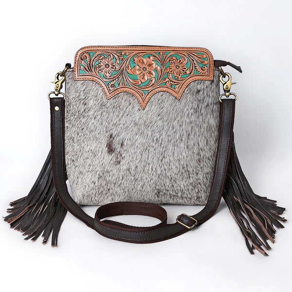SKBA116 Large Crossbody Hand Tooled Saddle Leather and Upcycled Canvas Ladies Bag 13.5x12.5 KBA