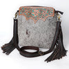 SKBA116 Large Crossbody Hand Tooled Saddle Leather and Upcycled Canvas Ladies Bag 13.5x12.5 KBA