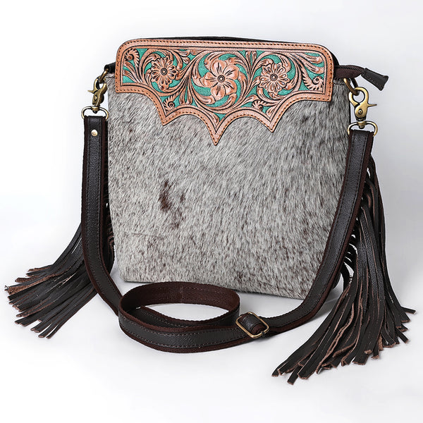 SKBA116 Large Crossbody Hand Tooled Saddle Leather and Upcycled Canvas Ladies Bag 13.5x12.5 KBA