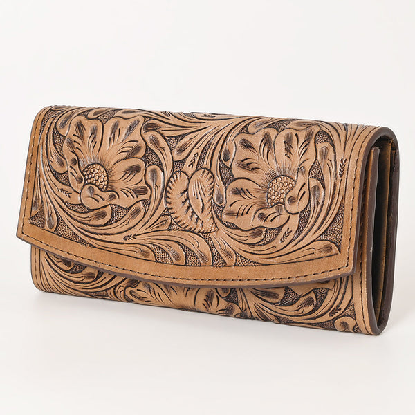 KBG140WALLET Hand Tooled Saddle Leather and Upcycled Canvas Ladies Bag H4.5XW8 KBG140 K