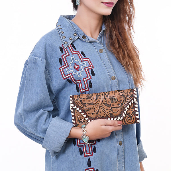 KBG154 WALLET Harness Skirting Leather with Hand Carving Ladies Bag H4.5XW9 KBG154