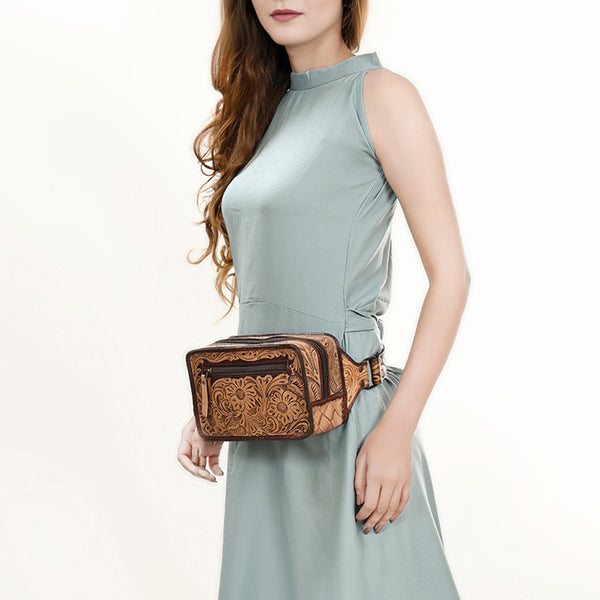 ADBG1208 American Darling Western Hand-Tooled Leather Fanny Pack -Floral Carved Genuine Leather Waist Bag