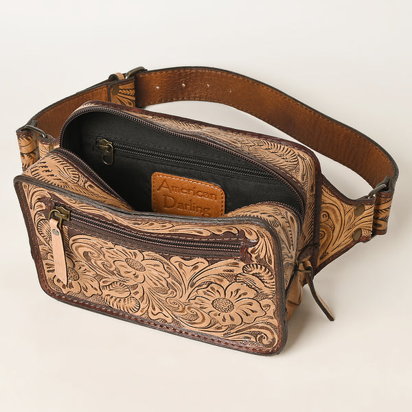 ADBG1208 American Darling Western Hand-Tooled Leather Fanny Pack -Floral Carved Genuine Leather Waist Bag