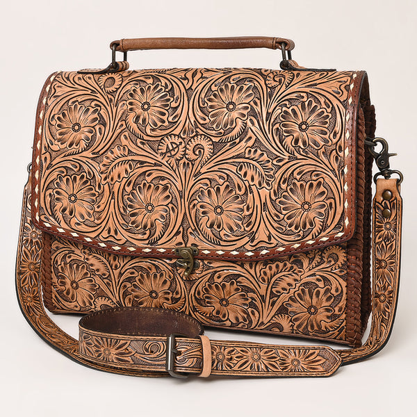 ADBG1210 American Darling Western Hand-Tooled Leather Briefcase Bag -Floral Carved Genuine Leather Work Tote