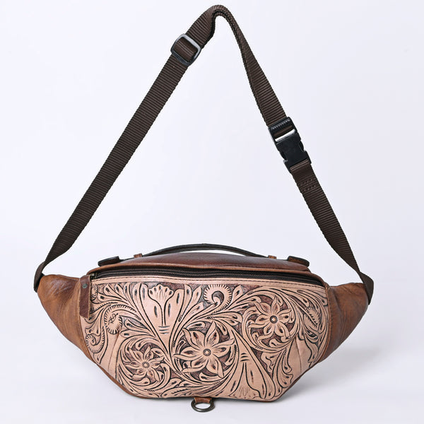 ADBG1211 American Darling Western Hand-Tooled Leather Fanny Pack - Floral Carved Genuine Leather Belt Bag