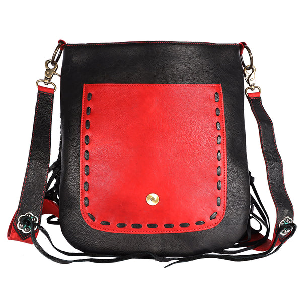 ADBGM352 Red Western Rodeo Leather Messenger Bag with Fringe & Applique- Cowgirl Statement Messenger