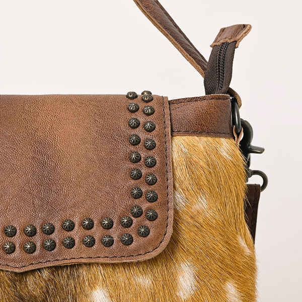 ADBG1212 American Darling Western Hair-On Cowhide Leather Shoulder Bag with Studded Flap & Adjustable Strap