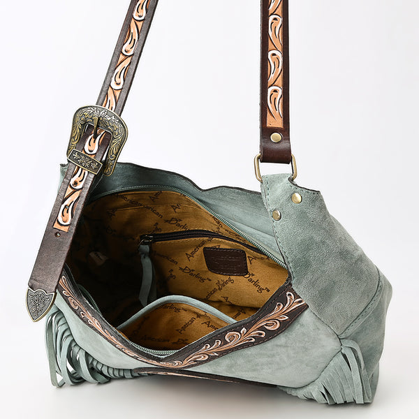 ADBGA419 American Darling Genuine Leather Fringed Crossbody Bag Hand Tooled Floral Carved