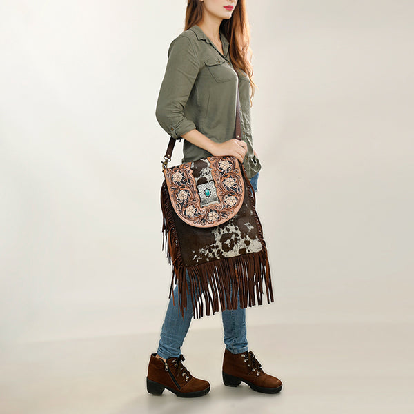 ADBGA420 American Darling Hair-On Cowhide Fringed Messenger Bag Tooled Leather