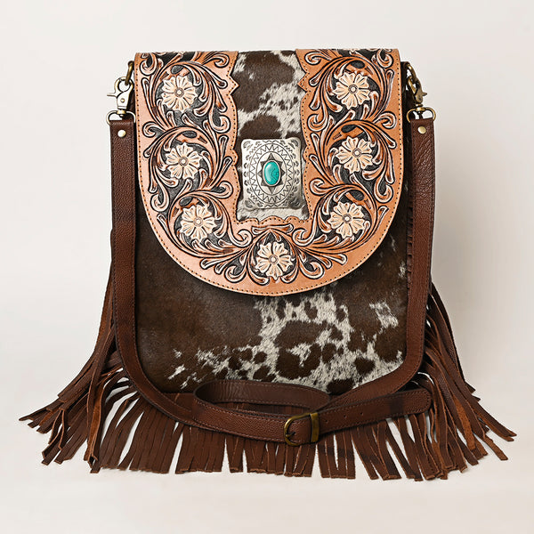 ADBGA420 American Darling Hair-On Cowhide Fringed Messenger Bag Tooled Leather
