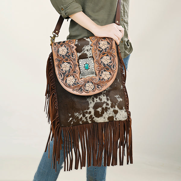 ADBGA420 American Darling Hair-On Cowhide Fringed Messenger Bag Tooled Leather