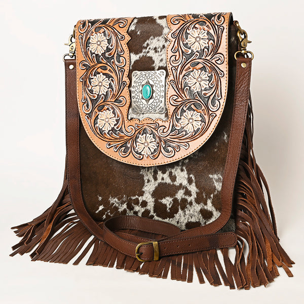 ADBGA420 American Darling Hair-On Cowhide Fringed Messenger Bag Tooled Leather