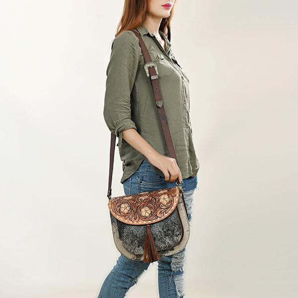 ADBGA424 American Darling Hand Tooled Hair-On Cowhide Leather Cross body Bag