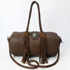 ADBGM356 Western Barrel Duffel Bag in Brown Leather with Turquoise Concho & Fringe - Handmade Travel Tote