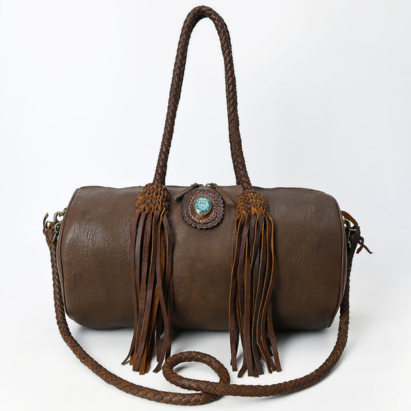 ADBGM356 Western Barrel Duffel Bag in Brown Leather with Turquoise Concho & Fringe - Handmade Travel Tote