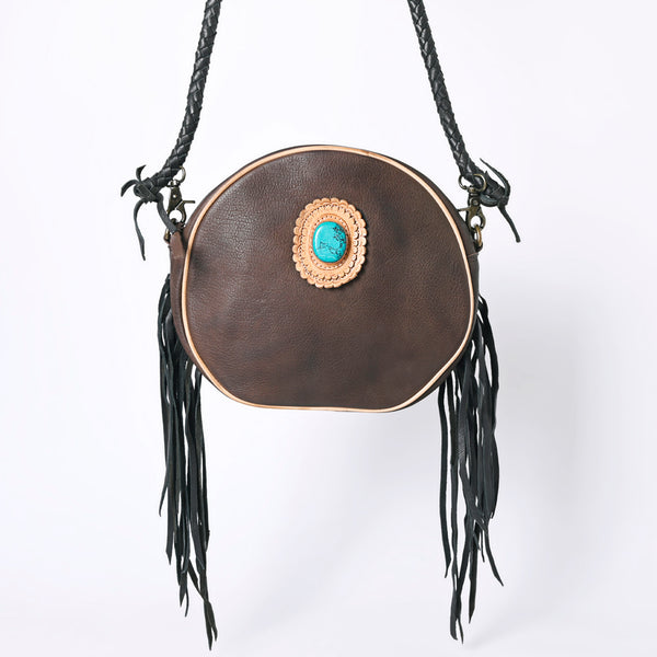 ADBGM292 Round Western Canteen Bag - Turquoise Concho, Fringe & Braided Strap