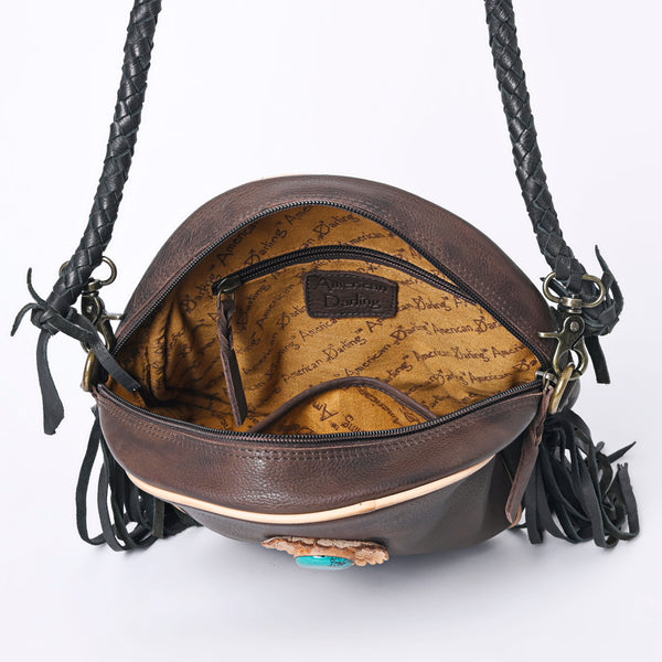 ADBGM292 Round Western Canteen Bag - Turquoise Concho, Fringe & Braided Strap