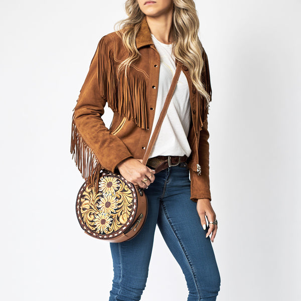 ADBG1188 American Darling Western Tooled Leather Canteen Bag Floral Carved Inlay