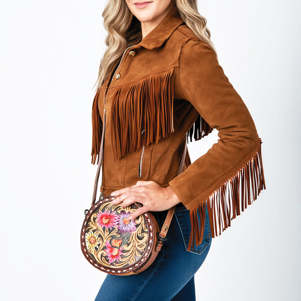 ADBG1188 American Darling Western Tooled Leather Canteen Bag Floral Carved Inlay