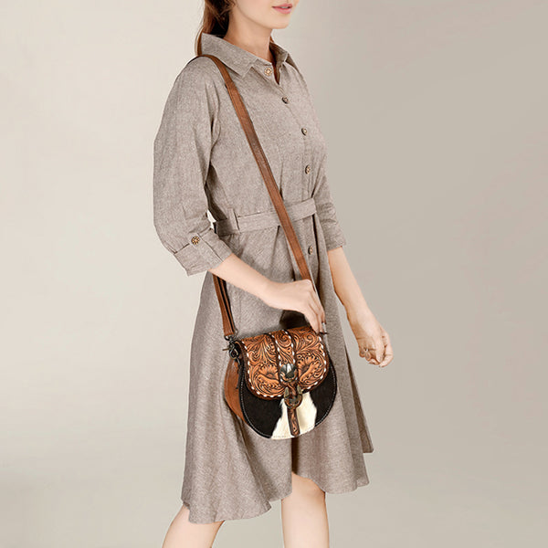 ADBG1222 American Darling Hand-Tooled Hair-On Cowhide Genuine Leather Western Crossbody Bag