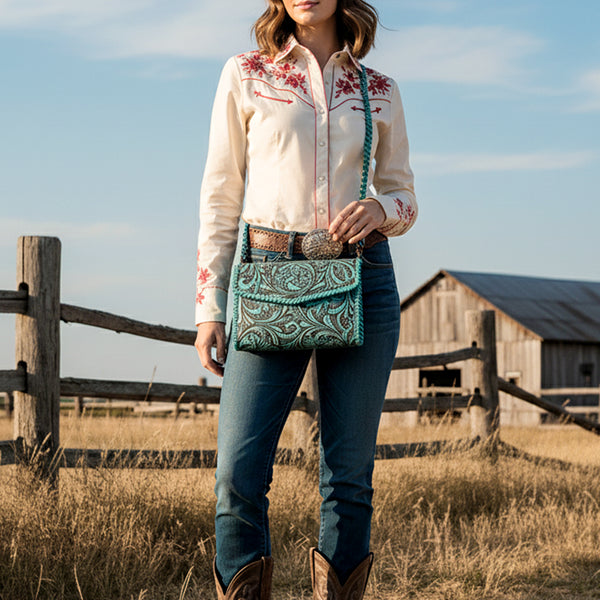 ADBGZ752 Natural Hand Tooled Leather Crossbody Bag - Western Floral Whipstitch Purse