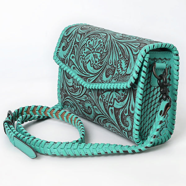 ADBGZ752 Natural Hand Tooled Leather Crossbody Bag - Western Floral Whipstitch Purse