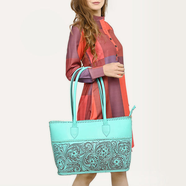 ADBGZ756 Tall Hand Tooled Leather Tote Bag - Western Floral Half-Tooled Cowgirl Purse