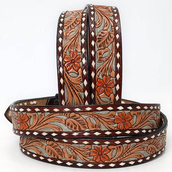 LC-ADBLF120A Tooled Leather Belt - Maroon & Tan with Red Floral Design and Diamond Border