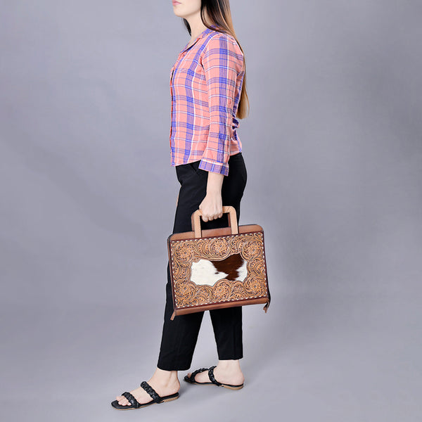 ADBG1194 American Darling Western Hand Tooled Leather Briefcase Bag Genuine Leather with Hair-On Hide Front Inlay Panel