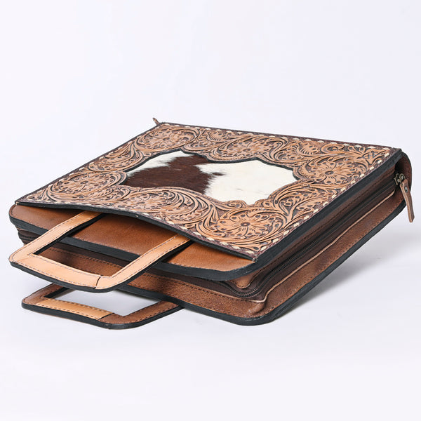 ADBG1194 American Darling Western Hand Tooled Leather Briefcase Bag Genuine Leather with Hair-On Hide Front Inlay Panel