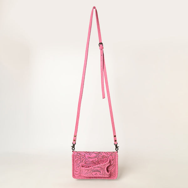 ADBG1228 American Darling Western Hand-Tooled Leather Clutch Bag - Pink Floral Carved Crossbody