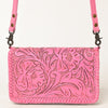 ADBG1228 American Darling Western Hand-Tooled Leather Clutch Bag - Pink Floral Carved Crossbody