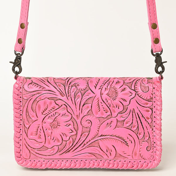 ADBG1228 American Darling Western Hand-Tooled Leather Clutch Bag - Pink Floral Carved Crossbody