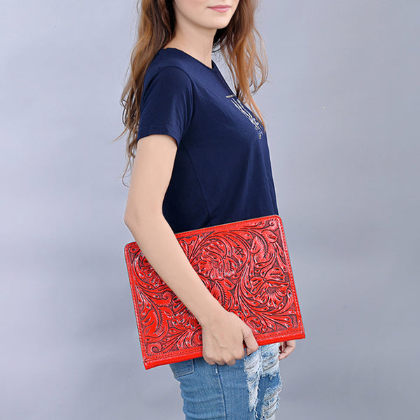 ADBG1232 American Darling Western Hand-Tooled Leather Portfolio Bag - Floral Carved Genuine Leather Case