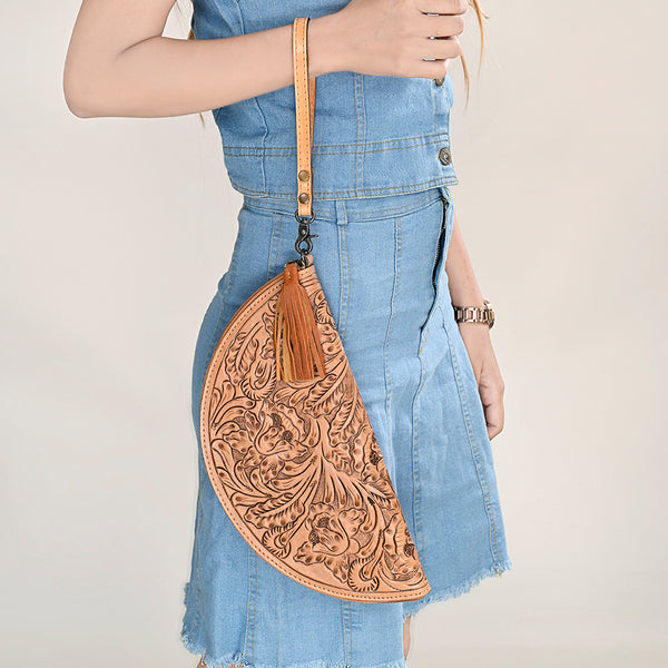 ADBG1233 American Darling Hand-Tooled Western Leather Taco Bag - Genuine Floral Carved Designer Wristlet
